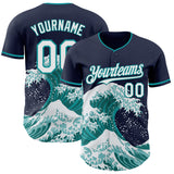 Custom Navy White-Teal Japanese Wave Authentic Baseball Jersey