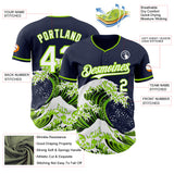 Custom Navy White-Neon Green Japanese Wave Authentic Baseball Jersey
