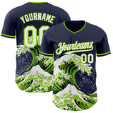 Custom Navy White-Neon Green Japanese Wave Authentic Baseball Jersey