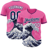 Custom Pink Navy-White Japanese Wave Authentic Baseball Jersey