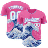 Custom Pink White-Light Blue Japanese Wave Authentic Baseball Jersey