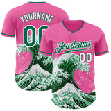 Custom Pink Kelly Green-White Japanese Wave Authentic Baseball Jersey