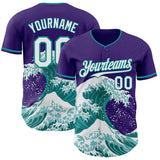Custom Purple White-Teal Japanese Wave Authentic Baseball Jersey