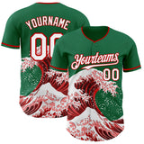 Custom Kelly Green White-Red Japanese Wave Authentic Baseball Jersey