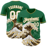 Custom Kelly Green White-Old Gold Japanese Wave Authentic Baseball Jersey