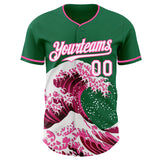 Custom Kelly Green White-Pink Japanese Wave Authentic Baseball Jersey