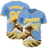 Custom Light Blue Gold-White Japanese Wave Authentic Baseball Jersey