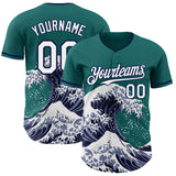 Custom Teal White-Navy Japanese Wave Authentic Baseball Jersey