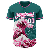 Custom Teal White-Pink Japanese Wave Authentic Baseball Jersey