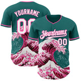 Custom Teal White-Pink Japanese Wave Authentic Baseball Jersey