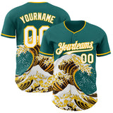 Custom Teal White-Gold Japanese Wave Authentic Baseball Jersey
