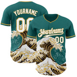 Custom Teal White-Old Gold Japanese Wave Authentic Baseball Jersey