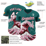 Custom Teal White-Crimson Japanese Wave Authentic Baseball Jersey