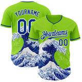 Custom Neon Green Royal-White Japanese Wave Authentic Baseball Jersey
