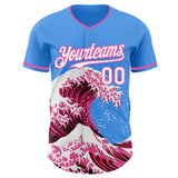 Custom Electric Blue White-Pink Japanese Wave Authentic Baseball Jersey
