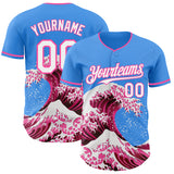 Custom Electric Blue White-Pink Japanese Wave Authentic Baseball Jersey