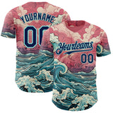 Custom Pink Navy-Ice Blue Japanese Wave Authentic Baseball Jersey