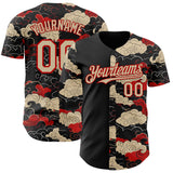 Custom Black City Cream-Red Japanese Wave Authentic Baseball Jersey