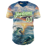 Custom Blue White-Aurora Green Japanese Wave Authentic Baseball Jersey