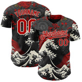 Custom Black Red-Cream Japanese Wave Authentic Baseball Jersey