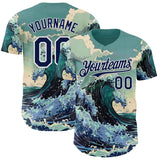 Custom Green Navy-White Japanese Wave Authentic Baseball Jersey