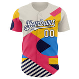 Custom Cream White Neon Pink Yellow-Navy Geometric Patchwork Asymmetry Authentic Baseball Jersey