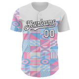 Custom White Pink Blue-Black Geometric Patchwork Asymmetry Authentic Baseball Jersey
