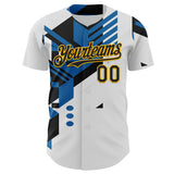 Custom White Black Blue-Gold Geometric Patchwork Asymmetry Authentic Baseball Jersey