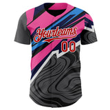 Custom Gray Red Pink Blue-White Geometric Patchwork Asymmetry Fluid Swirl Authentic Baseball Jersey