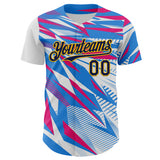 Custom White Navy Blue Hot Pink-Gold Geometric Patchwork Asymmetry Authentic Baseball Jersey