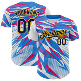 Custom White Navy Blue Hot Pink-Gold Geometric Patchwork Asymmetry Authentic Baseball Jersey