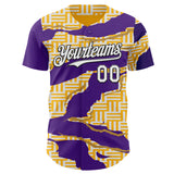 Custom Gold White Purple-Black Geometric Patchwork Asymmetry Torn Authentic Baseball Jersey