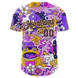 Custom Purple Dark Purple-Yellow Psychedelic Trippy Mushroom Doodle Frog & Ghost Authentic Baseball Jersey