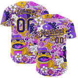 Custom Purple Dark Purple-Yellow Psychedelic Trippy Mushroom Doodle Frog & Ghost Authentic Baseball Jersey
