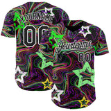 Custom Black-White Psychedelic Trippy Swirl Neon Star Authentic Baseball Jersey