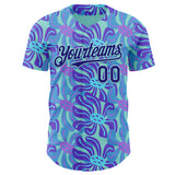 Custom Ice Blue-Dark Purple Psychedelic Trippy Flower Authentic Baseball Jersey