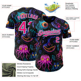 Custom Black Hot Pink-Ice Blue Psychedelic Trippy Sea Life Jellyfish & Octopus Authentic Baseball Jersey