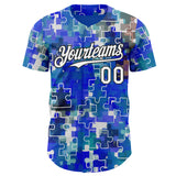 Custom Electric Blue White-Black Puzzle 3D Pattern Design Authentic Baseball Jersey