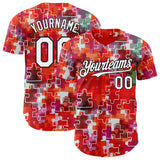 Custom Red White-Black Puzzle 3D Pattern Design Authentic Baseball Jersey