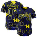 Custom Navy-Light Yellow Puzzle 3D Pattern Design Authentic Baseball Jersey