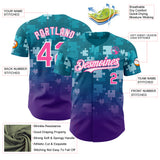 Custom Teal Pink Purple-White Gradient Puzzle 3D Pattern Design Authentic Baseball Jersey