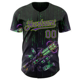 Custom Black Purple-Neon Green Futurism Cyberpunk Digital Rain 3D Pattern Design Authentic Baseball Jersey