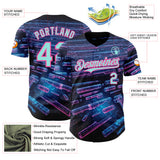 Custom Black Ice Blue-Pink Futurism Cyberpunk E-sports 3D Pattern Design Authentic Baseball Jersey