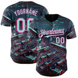 Custom Black Ice Blue-Hot Pink Futurism Tech E-sports 3D Pattern Design Authentic Baseball Jersey
