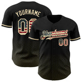 Custom Black Vintage USA Flag Olive-Cream Geometric Hexagonal Dot Gradient Authentic Baseball Jersey