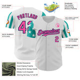Custom White Pink Aqua-Navy Two Tone USA Flag Sleeves Stars and Stripes Authentic Baseball Jersey