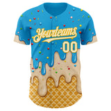 Custom Sky Blue White Cream-Gold Ice Cream Waffle Foodie Dessert Authentic Baseball Jersey