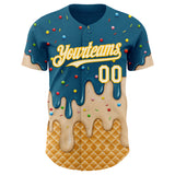 Custom Teal Cream-Gold Ice Cream Waffle Foodie Dessert Authentic Baseball Jersey