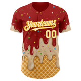 Custom Red Cream-Gold Ice Cream Waffle Foodie Dessert Authentic Baseball Jersey