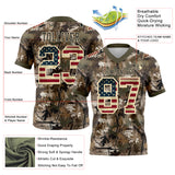 Custom Camo Vintage USA Flag Cream Black-Olive Authentic Woodland Camouflage Salute To Service 7V7 Flag Football Jersey